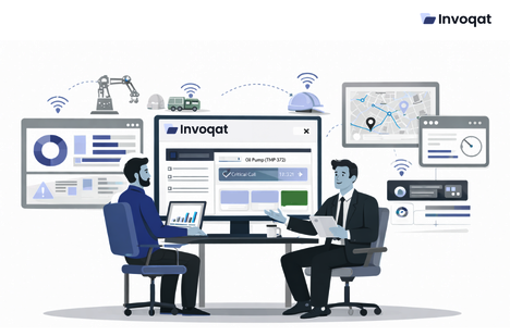 Illustration showing asset management with AI and IoT using sensors, dashboards, and predictive maintenance insights.