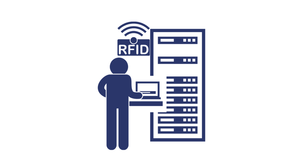 Warehouse staff using RFID scanning system to read multiple inventory items simultaneously in a high-volume distribution center.