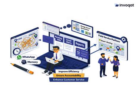 Illustration showing field service management UAE dashboard with technician tracking, scheduling, and real-time job visibility.