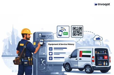 Illustration of technician scanning NFC tag and QR code to improve field service efficiency and real-time data access.