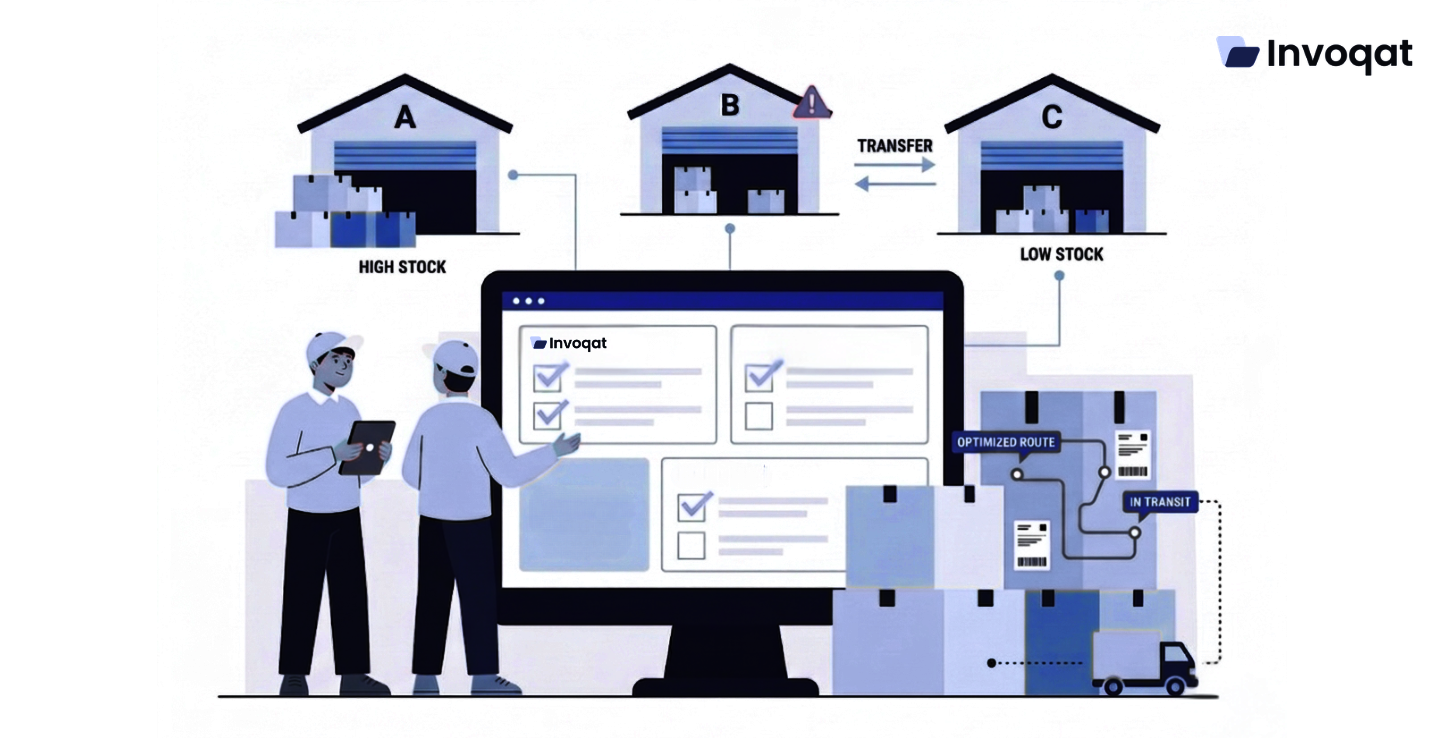 Illustration showing multi-warehouse inventory management with connected warehouses, real-time stock tracking, and centralized dashboard visibility.