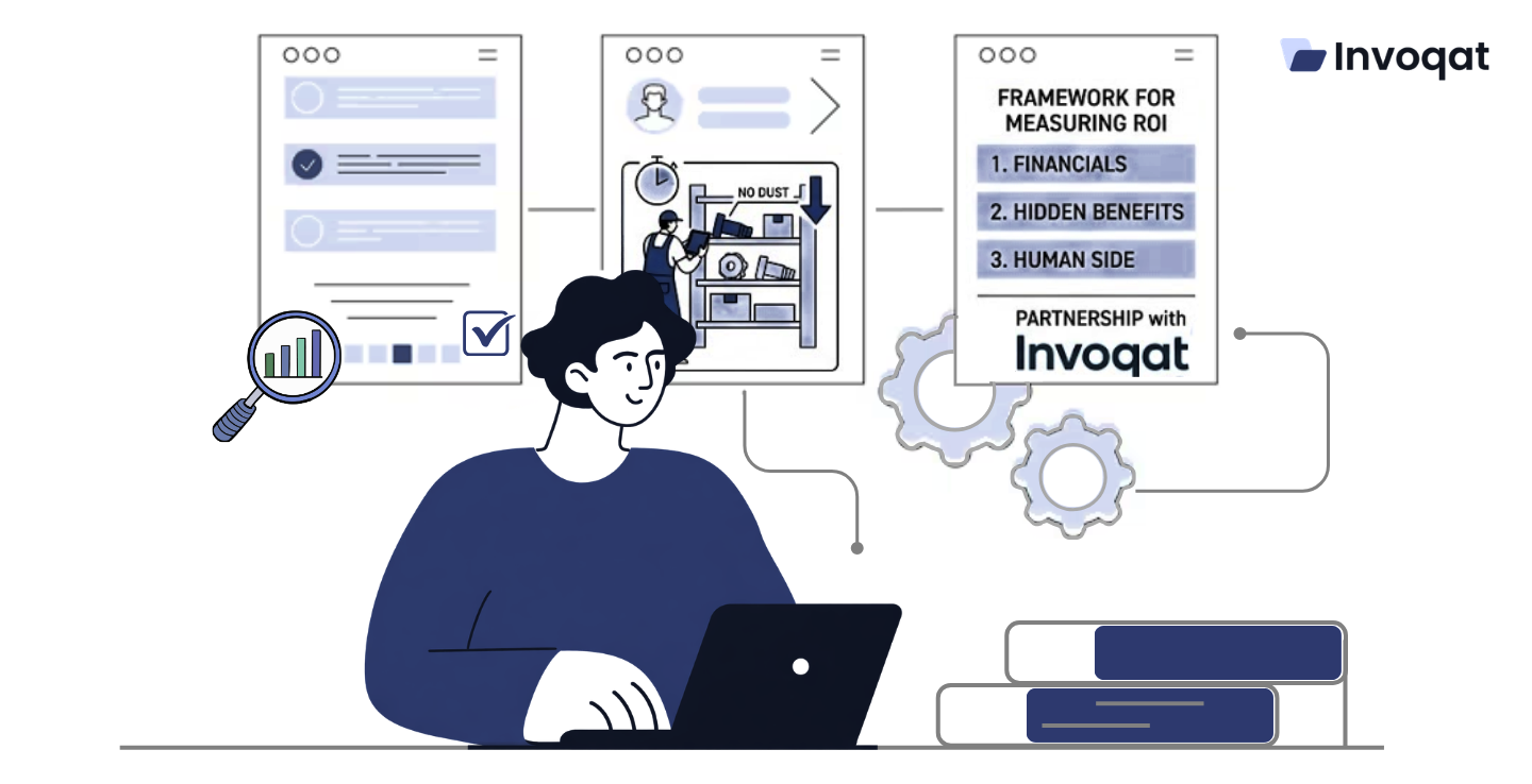 Diagram explaining how organizations calculate asset digitisation ROI using operational savings, reduced downtime, maintenance efficiency, and strategic asset data insights.