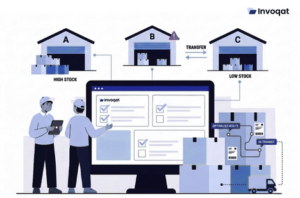 Illustration showing multi-warehouse inventory management with connected warehouses, real-time stock tracking, and centralized dashboard visibility.