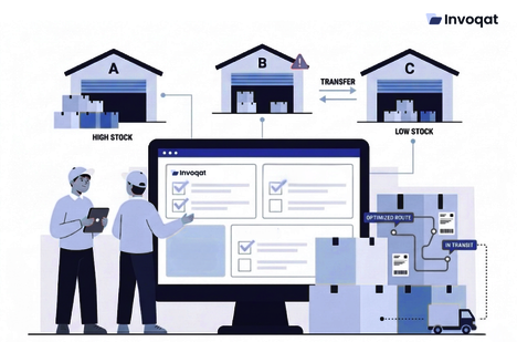 Illustration showing multi-warehouse inventory management with connected warehouses, real-time stock tracking, and centralized dashboard visibility.