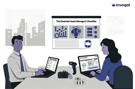 Illustration showing an asset management checklist with tracking elements like asset ID, location, usage, maintenance, and lifecycle management.