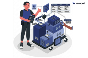 Illustration comparing RFID, barcode, and NFC technologies used for inventory tagging, tracking, and asset management.