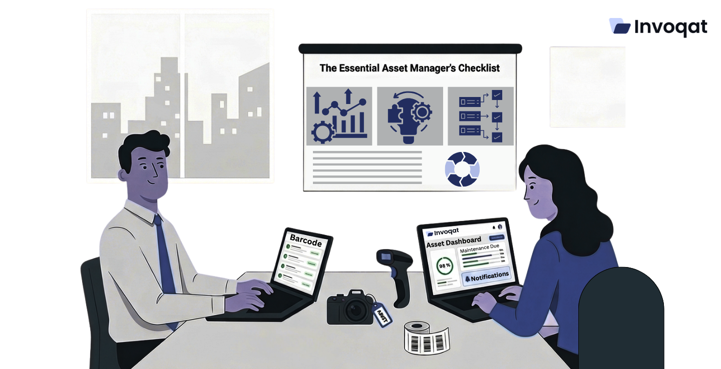 Illustration showing an asset management checklist with tracking elements like asset ID, location, usage, maintenance, and lifecycle management.