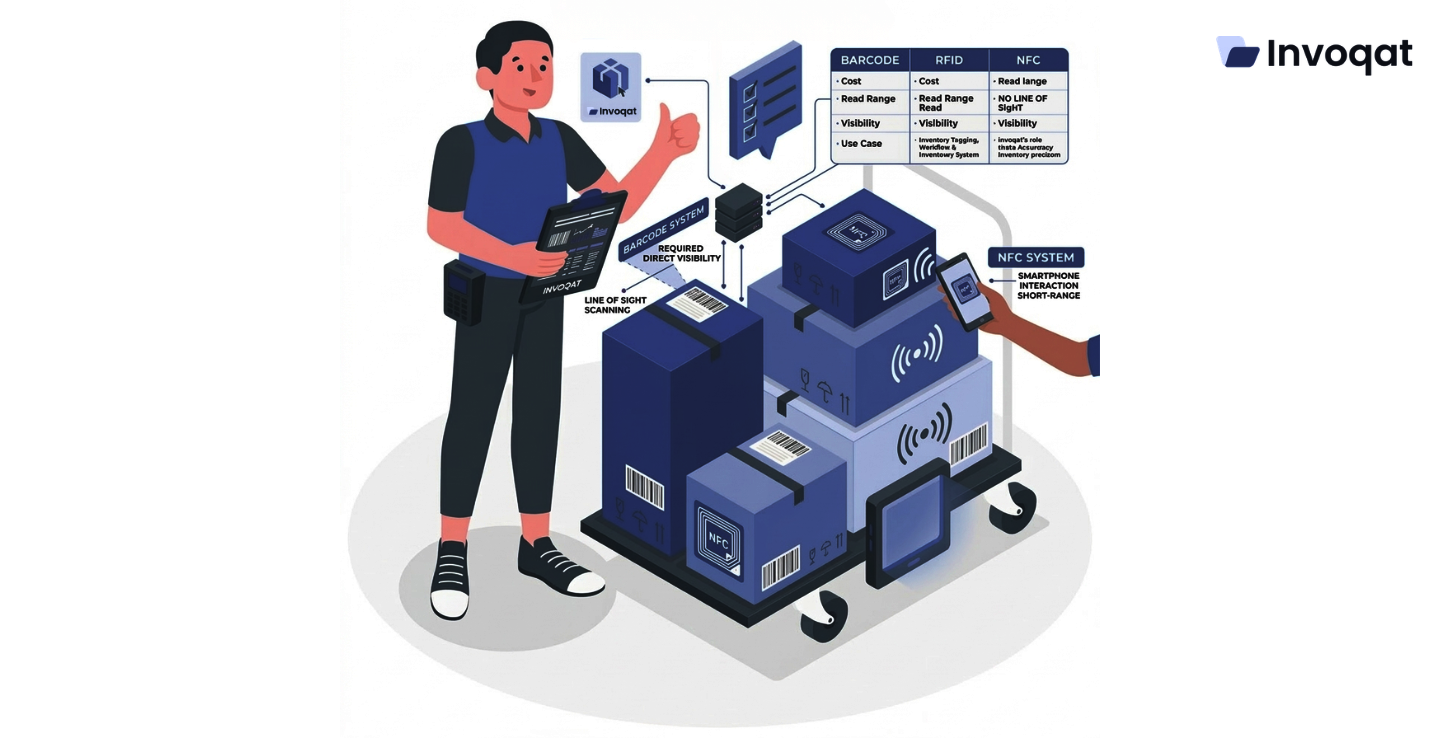 Illustration comparing RFID, barcode, and NFC technologies used for inventory tagging, tracking, and asset management.