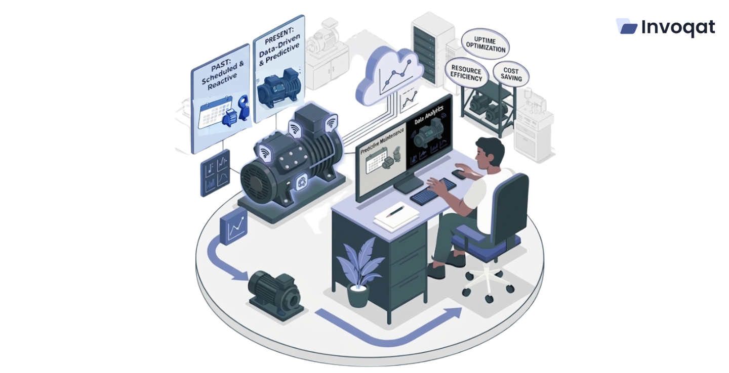 Illustration of IoT-connected assets showing real-time monitoring, sensors, and predictive maintenance in field service operations.