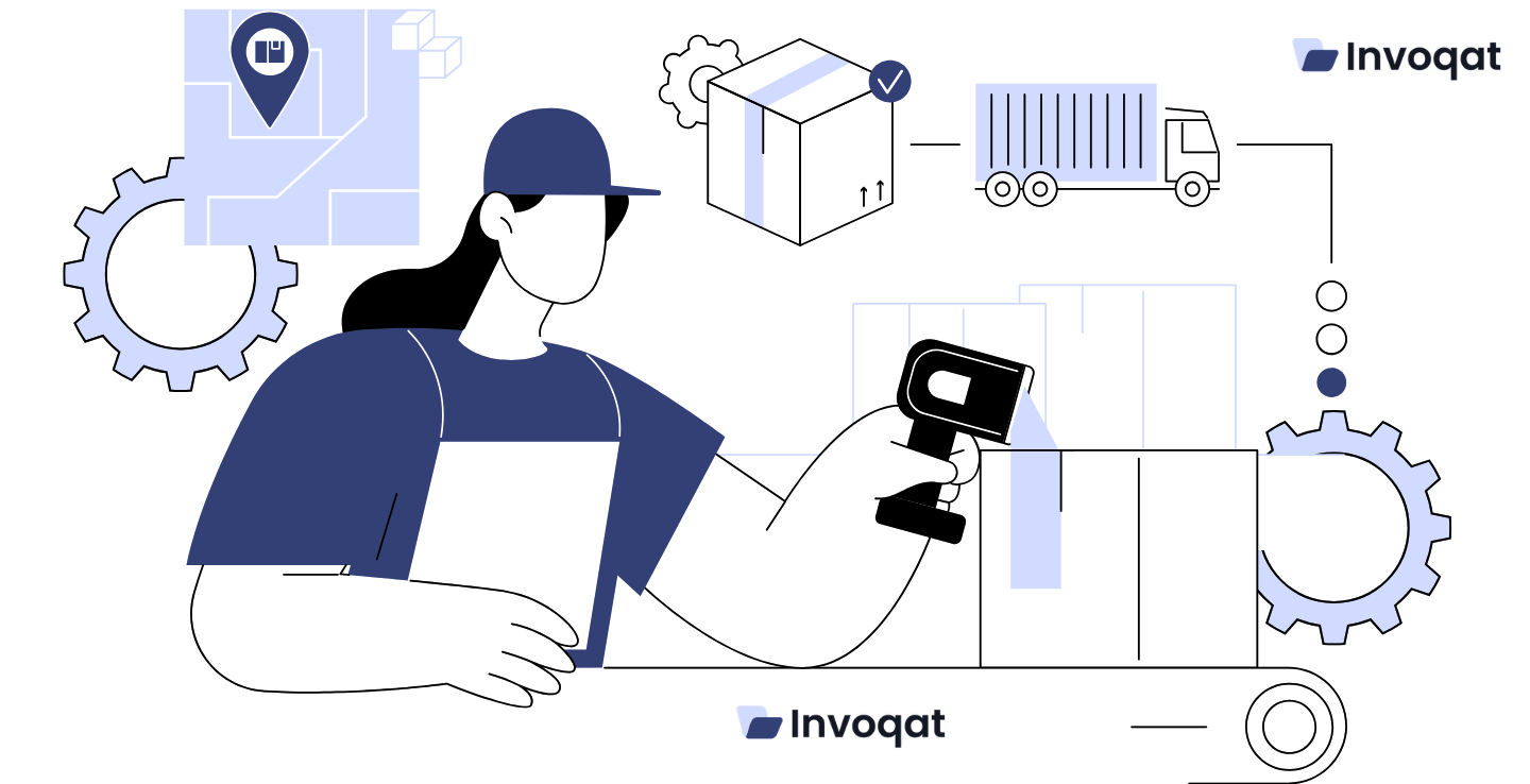 Illustration showing warehouse hidden delays in picking, storage, system updates, and workflow interruptions affecting efficiency.