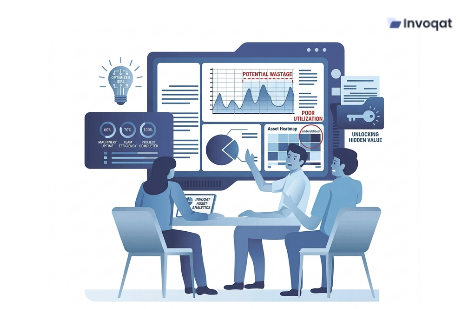 Dashboard showing asset utilization analytics with metrics like usage rate, downtime, and performance tracking across assets.